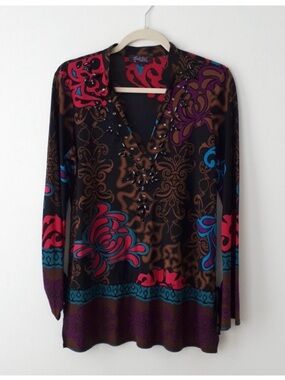 Hale Bob 100% Silk Beaded V-Neck Long Sleeve Top Multicoloured Glam - Size Small